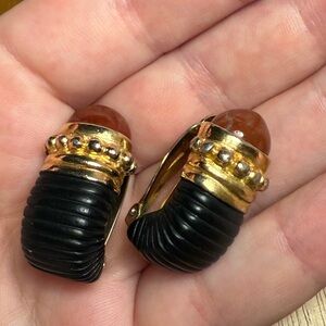 Gold and Black Clip-On Earrings. Vintage. 90s